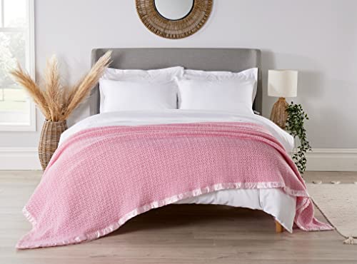 Diana Cowpe 100% WOOL Cellular Blanket King Size Bed/Adult Size Cellular Blanket Extra Large | Satin Trim King Size Blanket PINK 260 x 230cm
