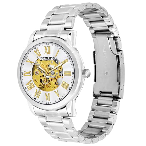 Image of Benling Skeleton Analog Automatic Watch for Men, Mechanical Movement, Leather Strap, Formal Casual Party Official Purpose