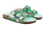 Women’s Beaded Slide Sandals with Adjustable Buckle Straps – Fancy Handmade Sequin Embellished Cork Footbed Slip-On Flats – Lightweight Summer Sandals for Casual, Beach, Travel & Everyday Wear