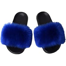 QMFUR Womens Vegan Faux Fur Slippers Fuzzy Slides Fluffy Sandals Open Toe Indoor Outdoor Blue, adult, women, numeric_6, numeric, us_footwear_size_system, medium
