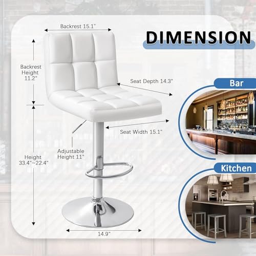 Image of Homall Bar Stools Modern PU Leather Adjustable Swivel Barstools, Armless Hydraulic Kitchen Counter Bar Stool Extra Height Square Island Barstool with Back Set of 2 (Leather, White)