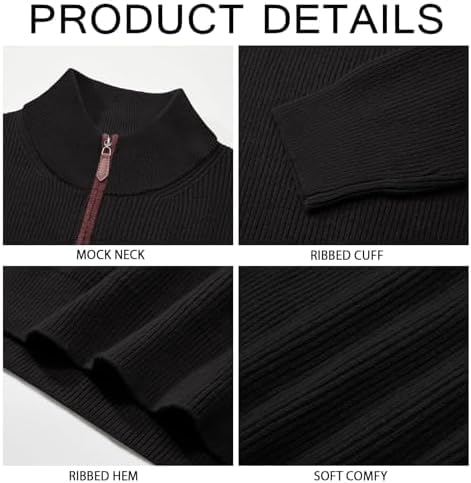 Runcati Mens Quarter-Zip Pullover Sweater Casual Mock Neck Winter Warm Ribbed Polo Sweaters, Black, XL