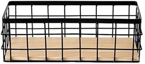 Metal Wire Bathroom Storage Organizer Basket Bin, Rustic Vintage Wire Grid Wooden Base Organizing Basket for Kitchen, Cabinets, Shelves, Pantry, Closets, Vanity Countertops, Bedrooms, Under sinks image 2