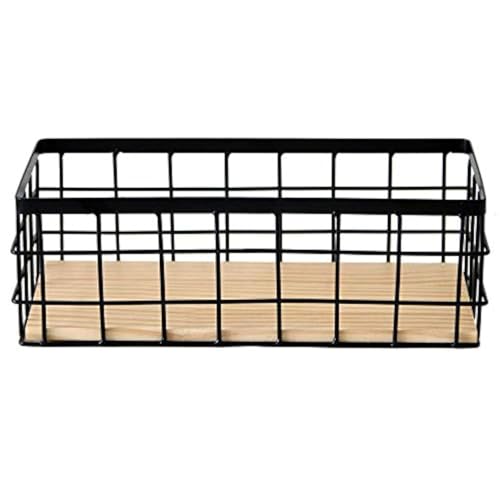 Metal Wire Bathroom Storage Organizer Basket Bin, Rustic Vintage Wire Grid Wooden Base Organizing Basket for Kitchen, Cabinets, Shelves, Pantry, Closets, Vanity Countertops, Bedrooms, Under sinks