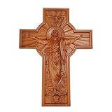 Jugutyeg Crucifijo Católico de Madera Hecho a Mano como Ornamento Religioso Colgante Artesanal Decoración de Pared Estatua de Jesús Adecuado para Regalo Sala D, 35x27x2.5cm, Individual