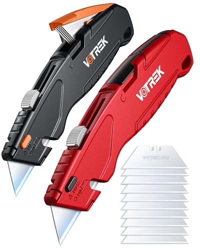 VOTREK® Box Cutter Retractable| Metal Utility Knife Set【Built-In Storage】 Tool-Free Quick Blade Change| Safety Lock| Extra 10 Sharp SK5 Blades| 2-Pack Heavy Duty Razor Knife for Cardboard & Plastic