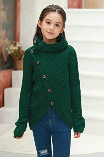 Haloumoning Girls Sweaters Button Turtle Cowl Neck Asymmetric Hem Wrap Pullover Sweaters For Girls Green #TOP1