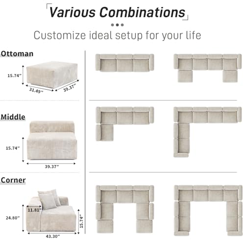 WJShome Cloud Couch Modular Sectional Sofa,141.73inch L Shaped Couch,Oversized Corduroy Couches with Ottoman and Pillows, Beige 4 Seaters Cushion Covers Removable& Washable