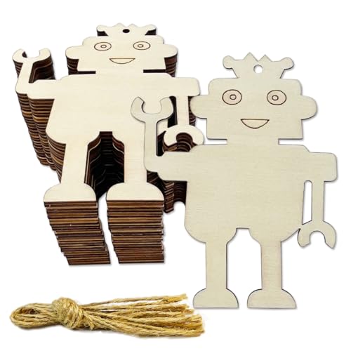 30 Pieces Unfinished Robot Wood DIY Crafts Cutouts Wooden Robot Shaped Hanging Ornaments with Hole Hemp Ropes Gift Tags for Home Party Decoration Craft Project