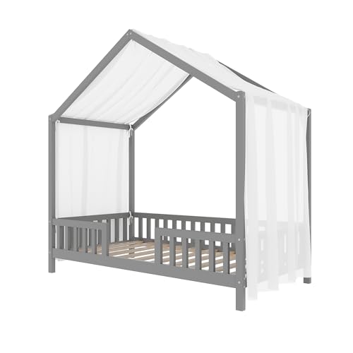 Image of Twin Size Wood House-Shape Platform Bed with Roof Frame and Canopy, Montessori Floor Bed with High Railings and Slat Support for Kids Girls Boys, No Box Spring Needed (Grey-05, Twin)