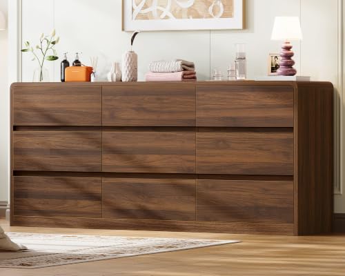 Image of TEENFON 9 Drawer Dresser for Bedroom, 63 inch Wide Dressers & Chest of Drawers with Curved Profile Design, Wood Closet Storage Dressers Organizer for Bedroom, Living Room, Walnut