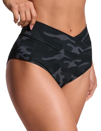 Image of CRZ YOGA V-Shaped High Waited Bikini Bottoms | Mid Cut Leg, Medium Bum Coverage, Cross Front, Swim, Bathing Suit Briefs for Women