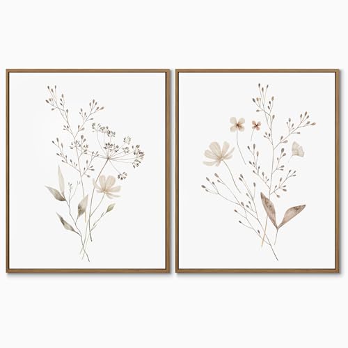 Boho Wall Art Set of 2 Watercolor Botanical Floral Picture Blossomy Wildflower Canvas Art Prints Minimalist Flower Wall Decor for Living Room Bedroom Bathroom Home Office Decoration, 11x14 Inch Framed