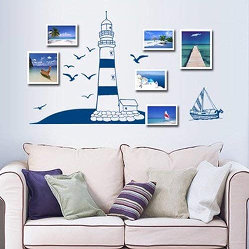 Sticker mural bateau à voile et phare Sea Gull pour décoration de chambre