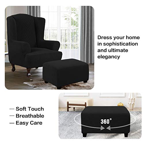 Image of H.VERSAILTEX Ottoman Cover Slipcover Rectangle Fit Length 33 inch-38 inch Footrest Sofa Slipcovers Stool Cover Footstool Protector Covers Feature Stretch Thick Soft Jacquard Fabric Removable Washable - Black