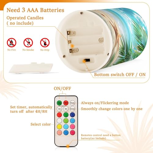 Image of Flickering Flameless Candles, Palm Leaves Starfish Beach LED Candles with Remote Timer, Set of 2 Battery Operated Candle for Valentine Wedding Birthday