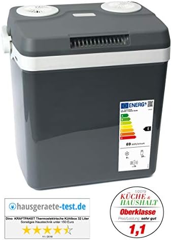 Dino KRAFTPAKET 131001 lodówka turystyczna 12 V, 230 V (ciepło i chłodzenie), wysokość: 44 cm, rozmiar: 32 l (netto), elektryczna lodówka do samochodu, łodzi, na kemping, A++ z trybem ECO