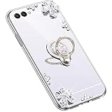 Uposao Kompatibel mit Huawei Honor View 10 Hülle Glitzer Diamant Glänzend Strass Spiegel Mirror Handyhülle mit Handy Ring Ständer Schutzhülle Transparent TPU Silikon Hülle Tasche,Silber