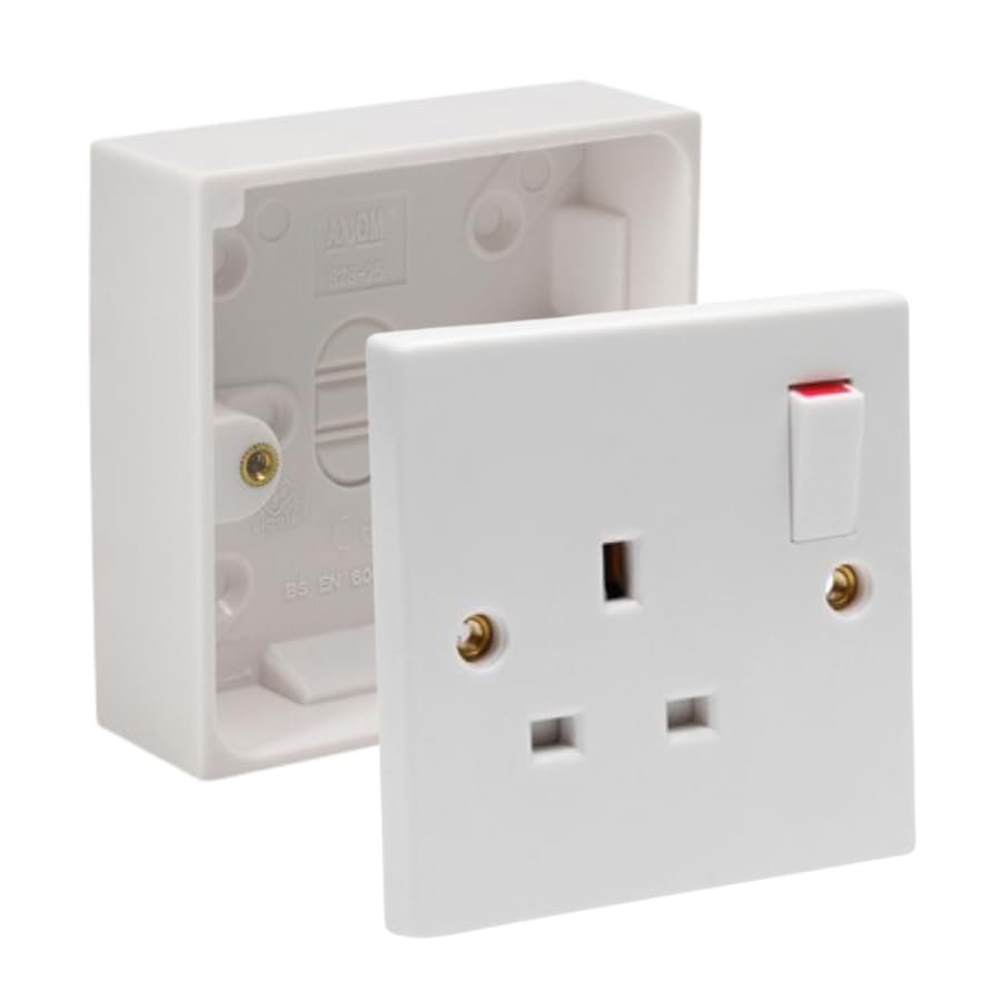 Single Switched Socket 1Gang 13Amps White Electrical Outlet - Compatible with Single 25/35/45mm Pattress Back Box Surface Mounted 1 Gang (10, SET with 25mm Box)