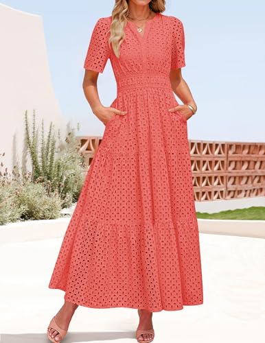 Image of ZESICA Women's 2026 Summer Short Sleeve Maxi Dress Casual V Neck Hollow Out Eyelet Ruffle Swing A Line Long Dresses