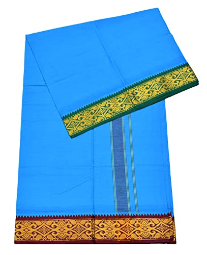 Image of TUNI MANI Men's Panchakacham Dhoti with Angavasthram Towel, Jari Border, 100% Cotton, Size: 9 X 5 (4.0mtr Dhoti, 2.25mtr Towel) (Unstitched)