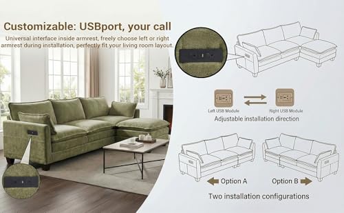 Image of 110.4 inch L Shaped Modular Sectional Sofa, Comfy Upholstery Chenille Cloud Couch with USB, Modern 4-Seat Deep Seat Sofa with Ottoman for Living Room, Apartment, Green
