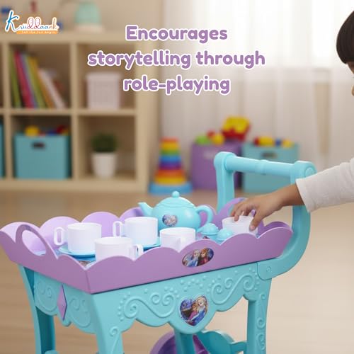 Image of Frozen Tea Trolley Set - 32 Pcs Elsa & Anna Musical Tea Party Playset with Electronic Kettle, Lights & Sound - Pretend Play Kitchen Accessories, Birthday Gift for Kids 3+ Years-Turkish Blue
