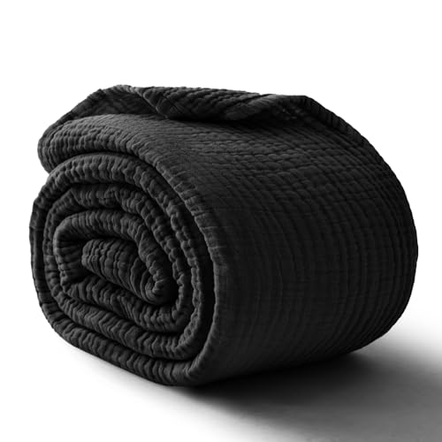 Image of 100% Cotton Muslin Blanket 40 inch x 40 inch, Breathable and Lightweight Cotton Throw Blankets, Soft Cooling Summer Gauze Blanket for All Season, Black