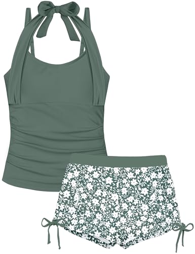 Image of Girls Swimsuit 2 Piece Halterneck Girls Tankini Swimsuit Drawstring Printed Swim Shorts Girl Bathing Suit for 7-18T