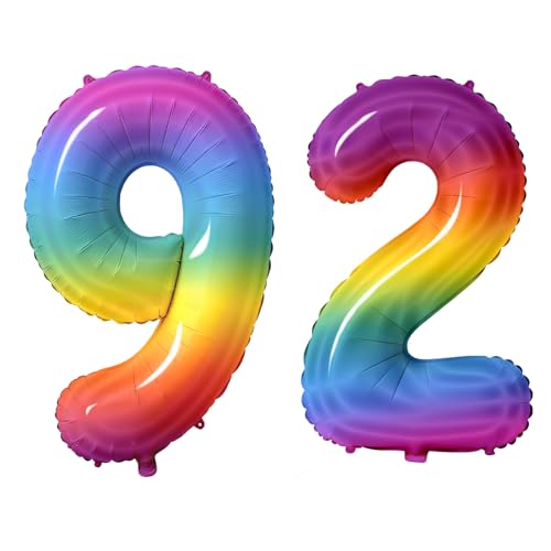 Number 92 Balloons for 92nd Birthday Party Decorations, 0-100 Large No.92 Balloons for Women Men and Grandpa Grandma, 40 Inch Rainbow Foil Helium Balloon for 92 Year Old Anniversary Decorations