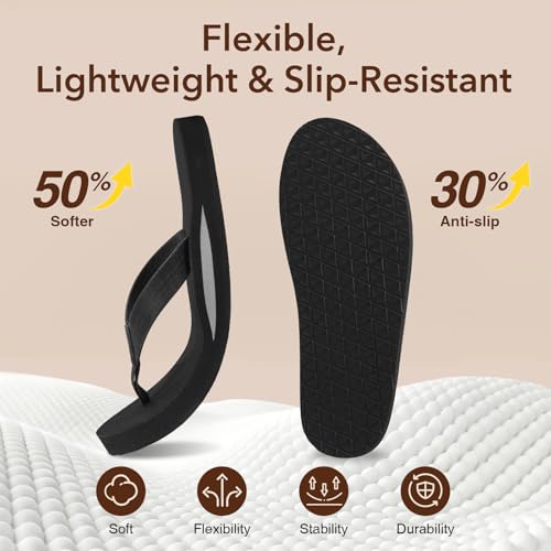 ZURIN Genuine Leather Flip Flops for Men Beach Sandals with Arch Support, Comfortable Summer Beach Thong Sandals Slip On Slippers Soft Cushion Footbed Outdoor Black — view 5