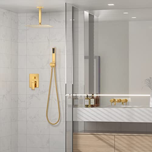 Esnbia Ceiling Shower System Polished Gold And 15“ Grab Bar Handle For Bathroom Brushed Gold #TOP4