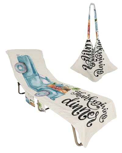 Thanksgiving Truck Beach Chair Towel Covers for Chaise Lounge With Side Pocket, Soft Plush Pool Towels Cover for Patio Sunbathing Outdoor 29''x85'' Fall Harvest Pumpkin Eucalyptus Barrel