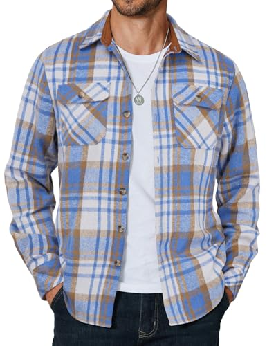 COOFANDY Mens Long Sleeve Flannel Shirts Fashion Plaid Jacket Casual Button Down Shirt with Pockets Light Blue