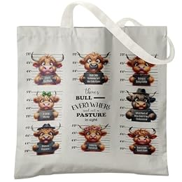 Veqzc Funny Western Highland Cow Canvas Tote Bag, Baby Highland Cow Canvas Bag,Bow Highland Cow Totes Bag,Floral Cow Canvas Bag,For Shopping Market Work