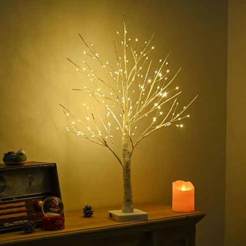 24 個の LED 温かみのある光の白樺の木を模したツリー ランプ、クリスマスの装飾、誕生日の装飾 ツリー ランプ、LED 照明、屋内 LED 照明。 (タイマー付きLED144個搭載の温白色光造花生地,小さな木のランプ) [3]