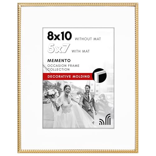 Americanflat 8x10 Metal Picture Frame With Rope-Style Detailing and Shatter-Resistant Glass - Use as 5x7 Frame with Mat or Display 8x10 Photo Without Mat - Picture Frames for Tabletop or Wall - Gold