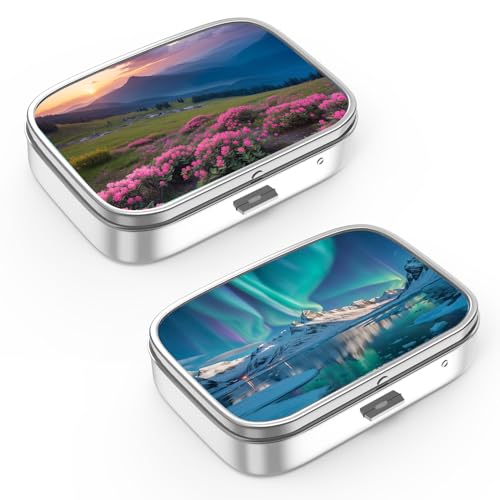 Hion 2 Compartment Pill Box, Portable Pill Box for Pocket or Purse, Decorative Metal Pill Box, Vitamin Organizer, Unique Gift (2 Pcs)