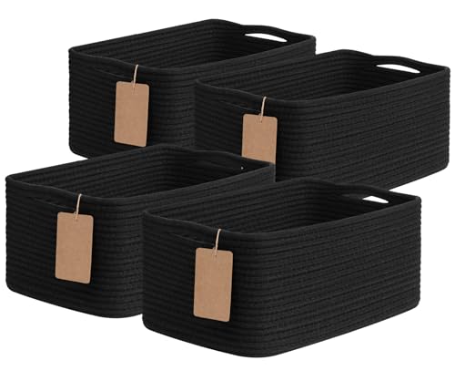 Goodpick 4 Pack Storage Baskets for Shelves, Rectangle Cotton Rope Baskets for Organizing, Closet Storage Bins for Baby Toys, Decorative Woven Basket with Handles, 13''L x 8''W x 6''H, Black