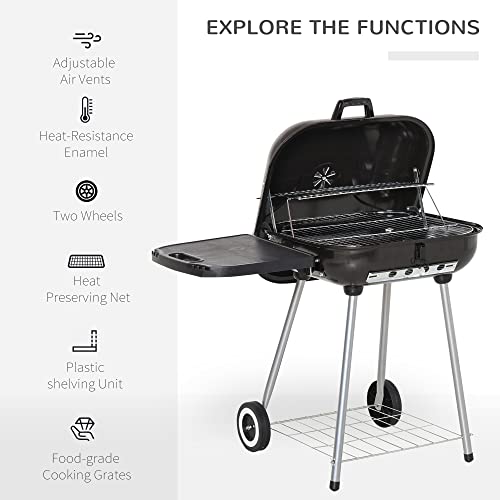Outsunny 38'' Steel Charocal Grill With Portable Wheel, Side Tray And Lower Shelf For Outdoor Bbq For Garden, Backyard, Poolside #TOP3