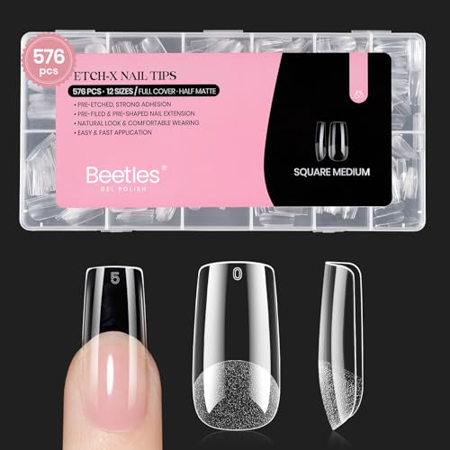 Beetles Nail Tips Medium Square 576Pcs 12 Sizes - Pre-Etched Acrylic Tips