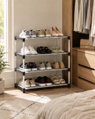 Image of EASY BUY 4 Layer Plastic Shoe Rack | Portable Space Saving Shoe Organizer | Durable Metal & Plastic Footwear Storage Stand | Multipurpose Shoe Shelf for Home, Bedroom, Entryway, Black.