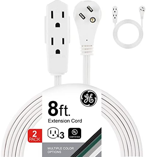 GE Indoor Extension Cord, 2 Pack, 8 Ft Power Cable, 3 Grounded Outlets, 3-Prong, Low-Profile Flat Plug, 16 Gauge, UL Listed, White, 57366