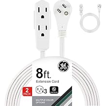 GE 3-Outlet Flat Extension Cord 8 Ft Grounded Extension Cord with Multiple Outlets 3 Prong Outlet Extender Flat Plug Power Strip Indoor 16 Gauge UL Listed 2 Pack White 57366
