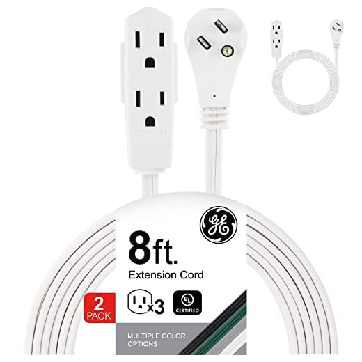 GE Indoor Extension Cord, 2 Pack, 8 Ft Power Cable, 3 Grounded Outlets, 3-Prong, Low-Profile Flat Plug, 16 Gauge, UL Listed, White, 57366