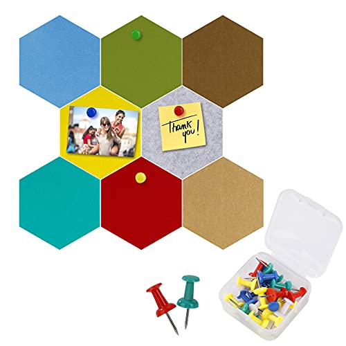 Tablones de Corcho, Fieltro Hexagonal Corcho Pared Autoadhesivo Tablero de Notas con 20 Pasadores de Empuje para Colgar Fotos, Casa, Oficina, Decoración de Paredes 8 Piezas 17.5 x 15.2 cm