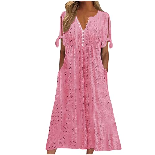Image of Dresses for Women UK, Holiday Essentials Ladies Summer Boho Dresses Short Sleeve Casual Beach Midi Sundress V Neck Hollow Out Eyelet Ruffle Swing A Line Flowy Vacation Dress Pink
