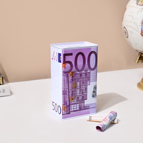 Image of Market99 Rectangular Money Bank | Purple Tin Coin Bank with 500 Euro Note Print & Glossy Finish | Trendy Piggy Bank for Kids & Adults | Stylish Savings Box for Home, Office Desk & Gift Use
