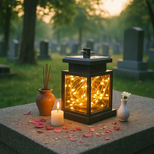 Grablaterne Friedhof Wetterfest Außen, Solar Laterne für Draußen Garten Grab, Grablampe Fuer Urnengrab, Schwarz Grablaternen mit LED Kerzen, Windlicht Klein Kerzenlaterne Geschenk für Trauer (A)