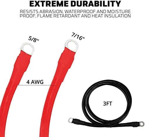 Power Bright 4 AWG 3ft High Amp Pure Copper Battery Cable with 5/8" and 7/16" Lugs, Professional Series 4 Gauge Wire Cables for Car Power Inverter, RV Battery, Boat, Marine and Solar Applications - 2